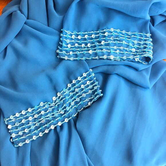 Sheer Chiffon Duster Open Jacket Blouse Sequin Trim Long Sleeves Sz 3X Teal Blue - Picture 5 of 15